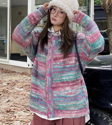 Rainbow Striped Sweet Kawaii Cardigans Women Autumn Winter All Match Streetwear Sweaters Loose Contrast Color Knitted Coats Y2k