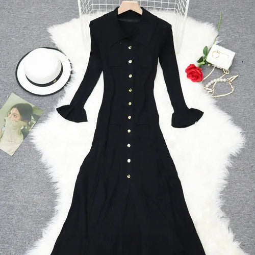 Load image into Gallery viewer, Autumn New 2024 French Black Elegant Single Breasted Long Sleeve Knit Dresses For Women Beige Slim Fashion Ruffles Pleated Dress
