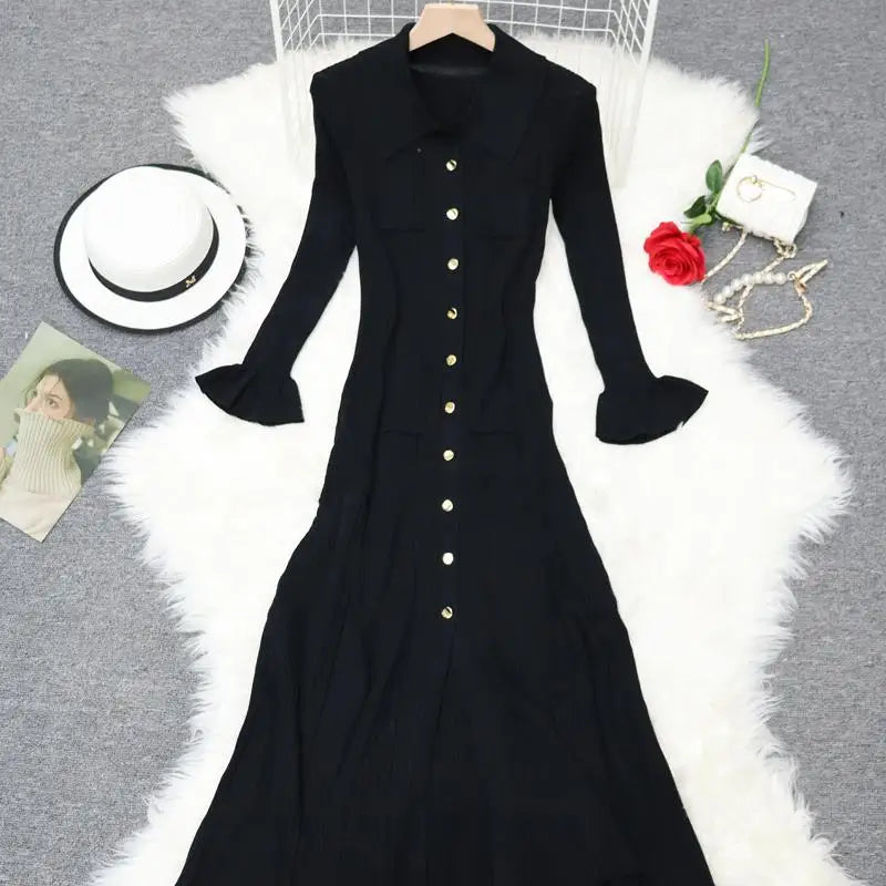 Autumn New 2024 French Black Elegant Single Breasted Long Sleeve Knit Dresses For Women Beige Slim Fashion Ruffles Pleated Dress