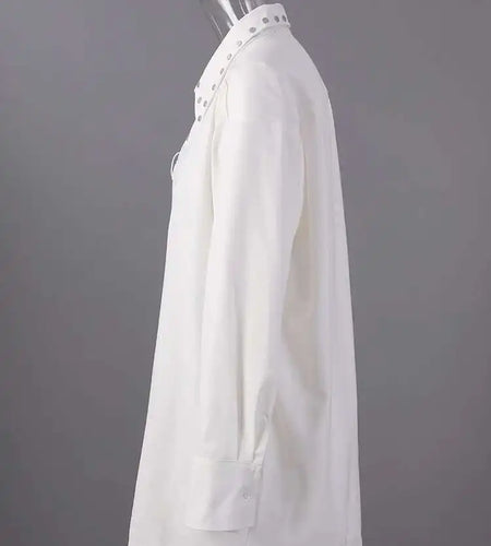 Women White Rivet Spliced Big Size Casual Blouse New Lapel Long Sleeve Shirt Fashion Tide Spring Autumn 2025 CPG2917