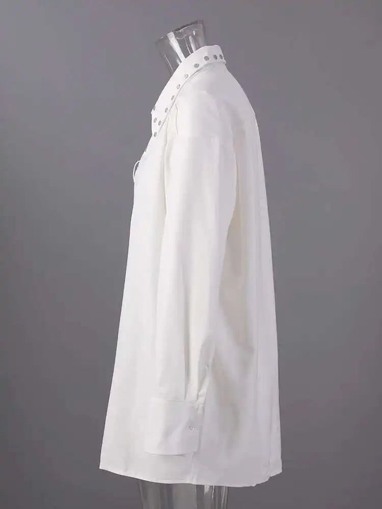 Women White Rivet Spliced Big Size Casual Blouse New Lapel Long Sleeve Shirt Fashion Tide Spring Autumn 2025 CPG2917