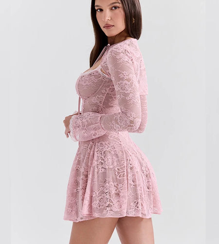 Lace Flare Long Sleeve Sexy Mini Dress For Women Robe Autumn New Pink O Neck A-line High Waist Pleated Dress Elegant
