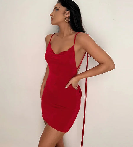 Spaghetti Strap Backless Mini Dress For Women Robe Summer New Off-shoulder Sleeveless Bodycon Short Dress Vestidos