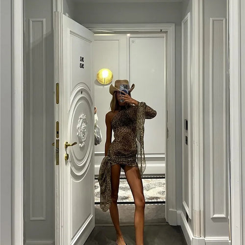 Load image into Gallery viewer, One Shoulder Leopard Print Maxi Dress Women Inclined Shoulder Backless Beach Holiday Vacation Club Sexy Long Dress
