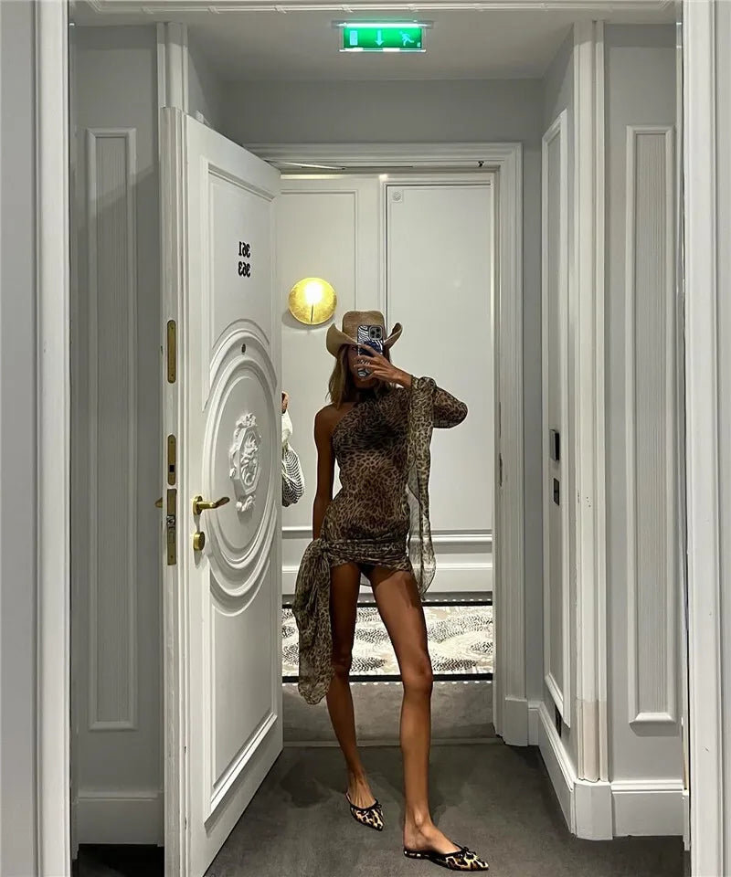 One Shoulder Leopard Print Maxi Dress Women Inclined Shoulder Backless Beach Holiday Vacation Club Sexy Long Dress