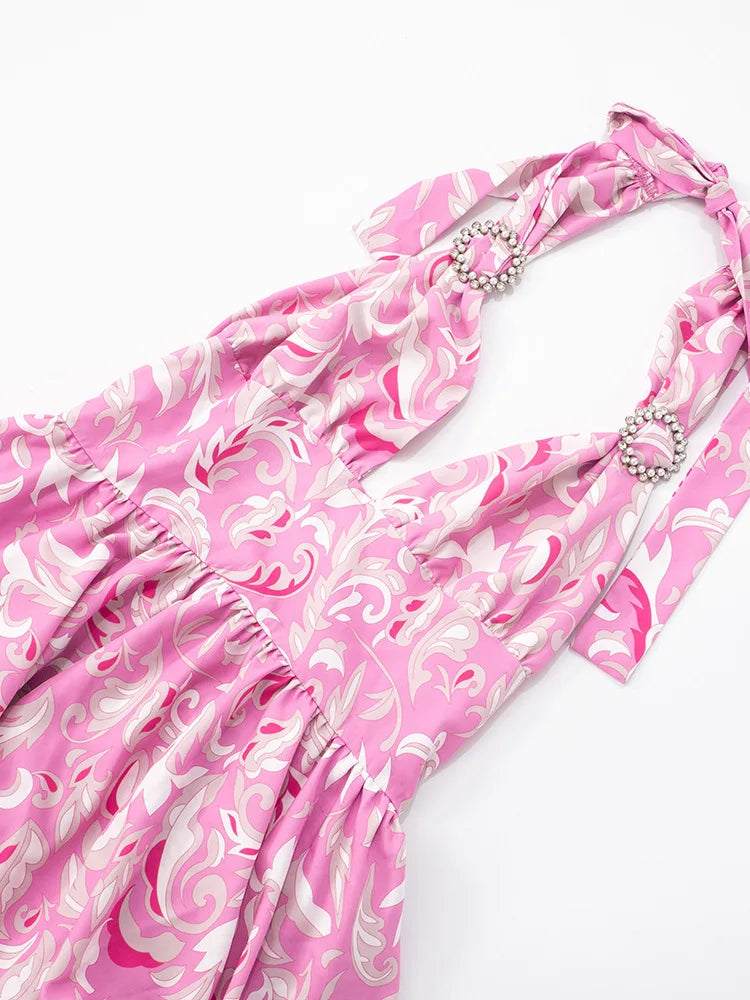 Print Halter Ruffled Sexy Maxi Dress Women Fashion V Neck Sleeveless High Waist Backless Beach Club Party Long Dress