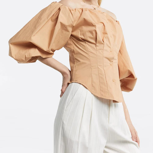 Load image into Gallery viewer, Solid Minimalist Patchwork Button Shirts For Women Slash Neck Off Shoulder Lantern Sleeve Temperament Slimming Shirt Female
