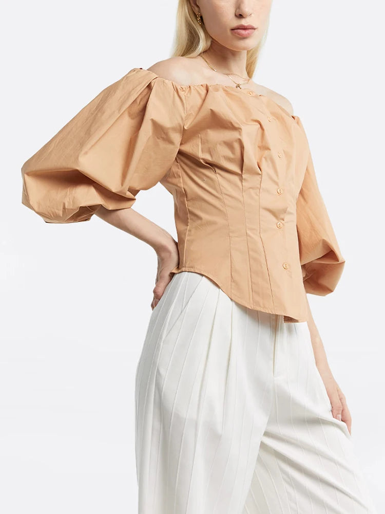 Solid Minimalist Patchwork Button Shirts For Women Slash Neck Off Shoulder Lantern Sleeve Temperament Slimming Shirt Female