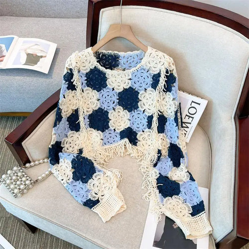Load image into Gallery viewer, French Vintage 2024 New Women's Patchwork Tassel Hollow Out Long Sleeved Crochet Sweater Autumn Round Neck Elegant Knitted Tops
