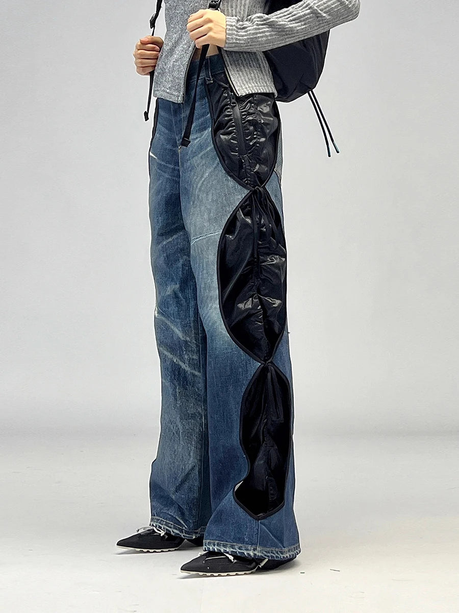 Hit Color Spliced Lace Up Fashion Wide Leg Pants for Women High Waist Sense of Design Long Pant Female Clothing New