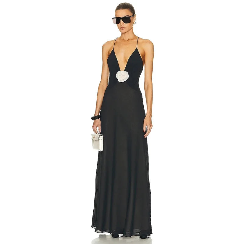 Deep V Neck Tie Flower Backless Maxi Dress Women New Spaghetti Strap Sleeveless Long Dress Elegant Sexy Club Slipdress