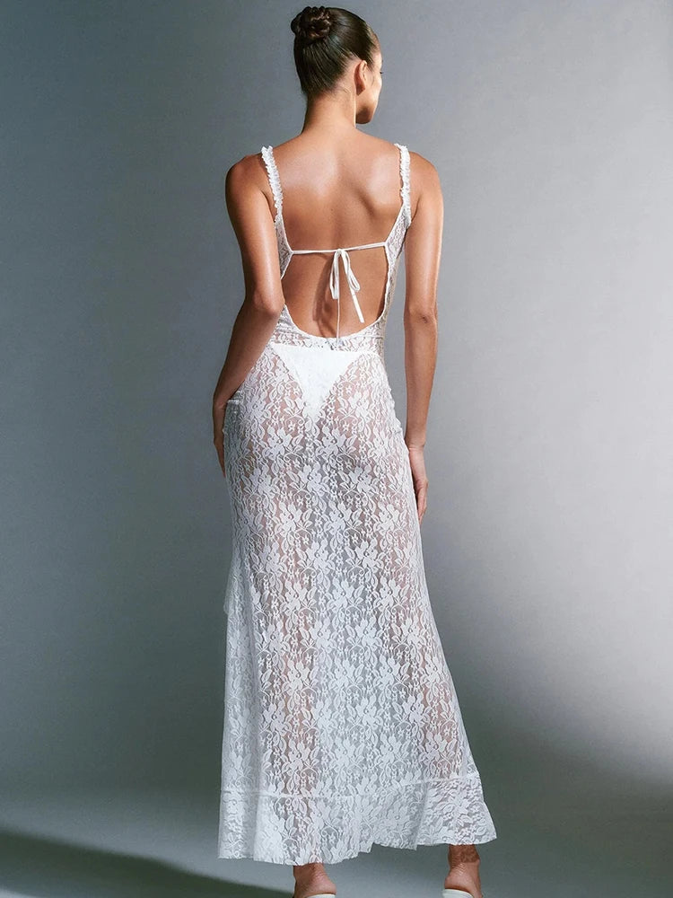 Sexy Lace Print High Split Women's Dress Slim Fit Open Back Transparent Lace up Female Midi Dress Party Club Vestidos