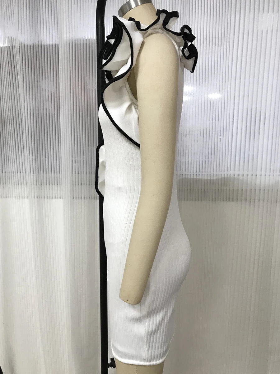 Hit Color Spliced Appliques Dresses For Women Diagonal Collar Sleeveless High Waist Temperament Dress Female New