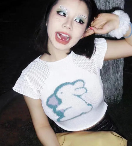 Japanese Y2k Knitted T-shirt 2000s Aesthetics Rabbit Embroidery Crop Top Vintage Harajuku Hollow Out Short Sleeve Tshirt