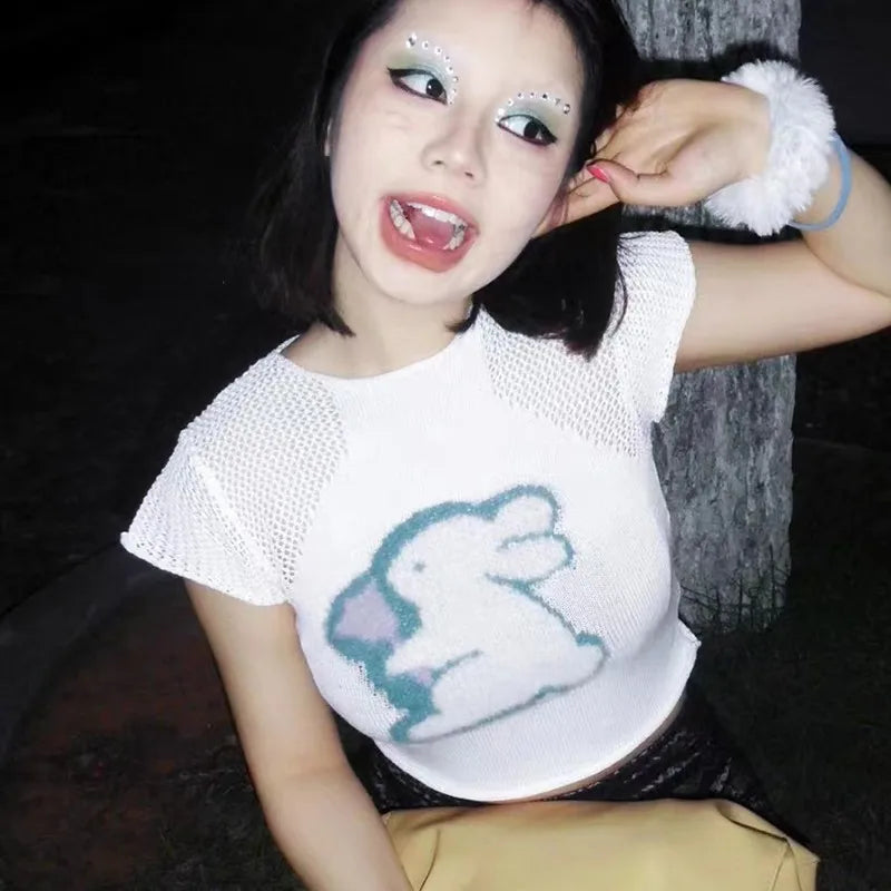 Japanese Y2k Knitted T-shirt 2000s Aesthetics Rabbit Embroidery Crop Top Vintage Harajuku Hollow Out Short Sleeve Tshirt