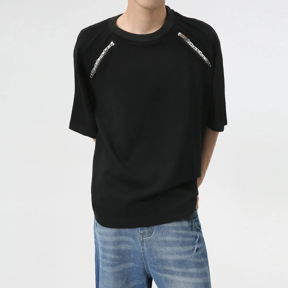 Trend Men's Tops O-neck Short Sleeve Loose Male T-shirts Metal Zipper Decoration Spliced Shoulder Pad Summer C6272