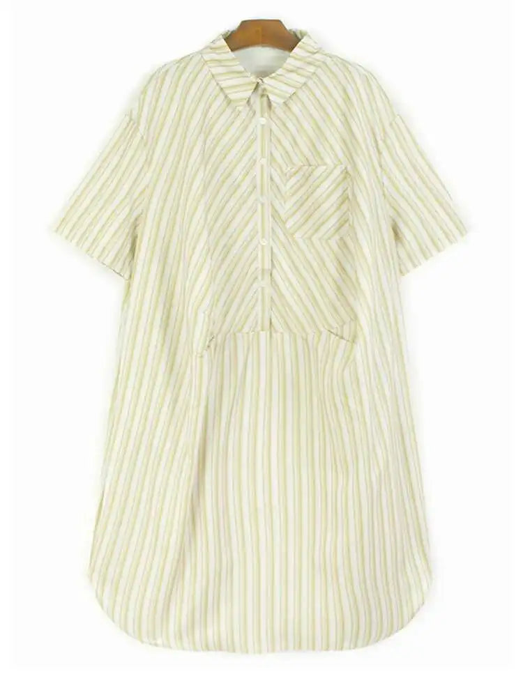 Women Blue Striped Spliced Pocket Big Size Casual Shirt Dress New Lapel Sleeve Fashion Tide Spring Summer 2025 1DH9810