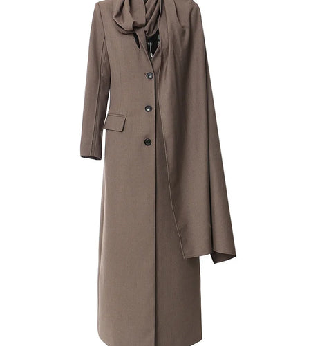 Women Apricot Big Size Long Elegant Blazer New Scarf Collar Long Sleeve Jacket Fashion Tide Spring Autumn 2025 1DH4395