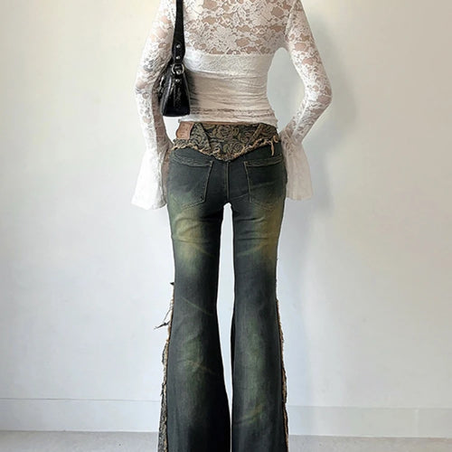 Load image into Gallery viewer, Lace Embroidery Flower Bodycon Shirts Spring Women Y2k Aesthetic Flare Sleeve Vintage T-shirt Grunge Sexy Cropped Fairy Tops
