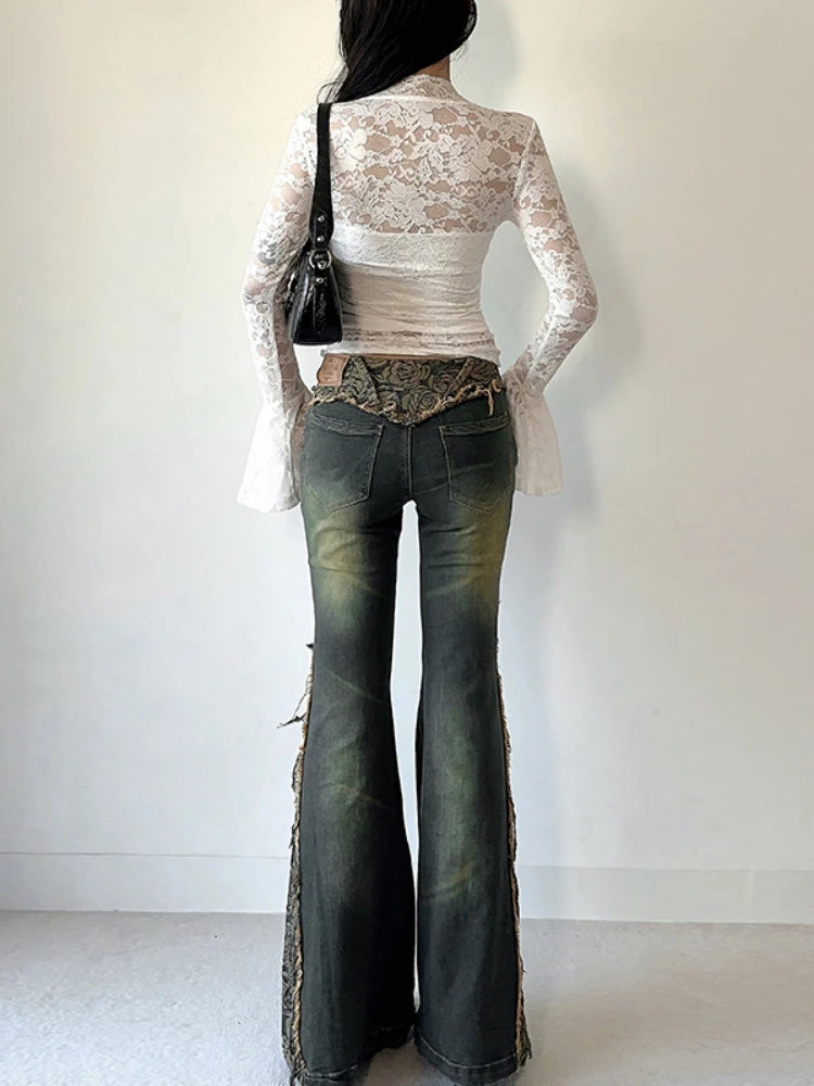Lace Embroidery Flower Bodycon Shirts Spring Women Y2k Aesthetic Flare Sleeve Vintage T-shirt Grunge Sexy Cropped Fairy Tops