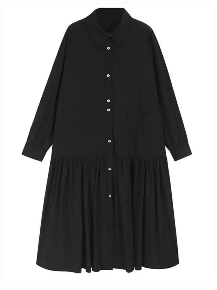 Women Black Big Size Elegant Shirt Dress Brief Pleated Hem New Lapel Long Sleeve Fashion Tide Spring Autumn 2025 1DH9327