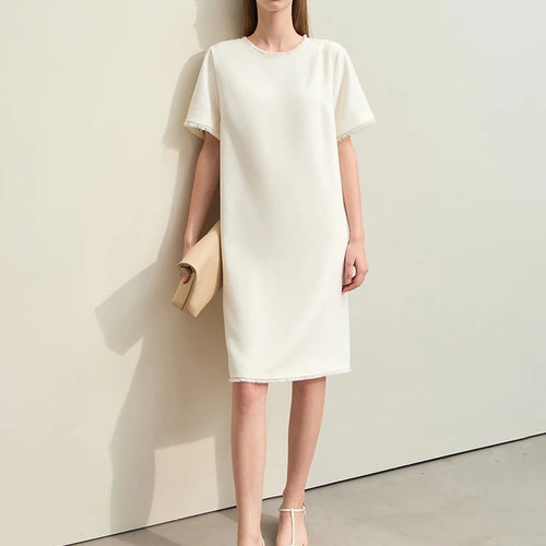 Minimalism Dresses For Women 2024 Spring New Light Luxury Style Tassel Spliced Short-sleeve Straight Midi Vestidos 12441197