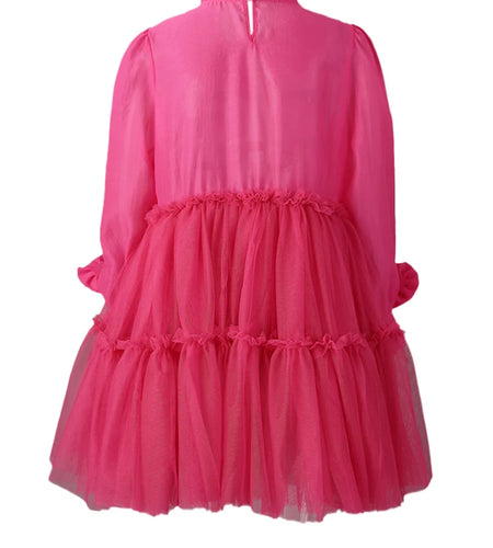 Women Rose Red Mesh Flower Big Size Mini Dress New Stand Collar Long Sleeve Fashion Tide Spring Autumn 2025 CPG3051