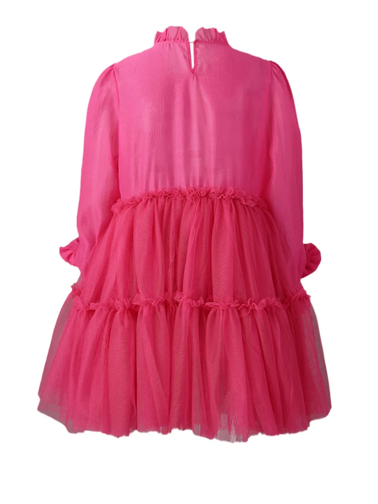 Women Rose Red Mesh Flower Big Size Mini Dress New Stand Collar Long Sleeve Fashion Tide Spring Autumn 2025 CPG3051