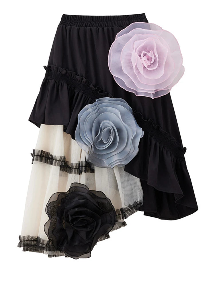 High Elastic Waist Black 3d Flower Irregular Mesh Half-body Skirt Women Fashion Tide New Spring Autumn 2025  1DJ1430