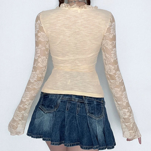 Load image into Gallery viewer, Chic Korean Autumn T shirt Female Cute Lace Spliced Fashon Tops Coquette Clothes Ruched Tie Up Slim Transparent Tees
