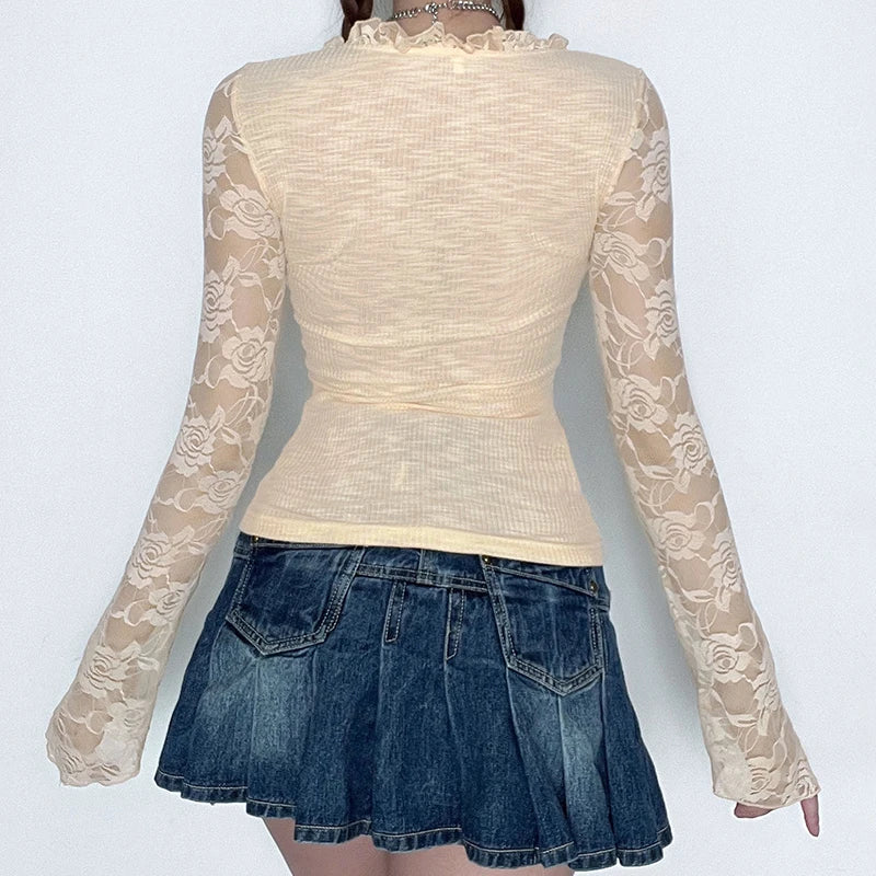 Chic Korean Autumn T shirt Female Cute Lace Spliced Fashon Tops Coquette Clothes Ruched Tie Up Slim Transparent Tees