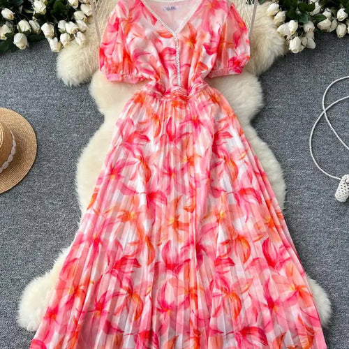 Load image into Gallery viewer, French Retro Romantic Women's Elegant Print V-neck Short Sleeved Pleated Long Dress Summer Vacation Party Evening Dress Bohemian
