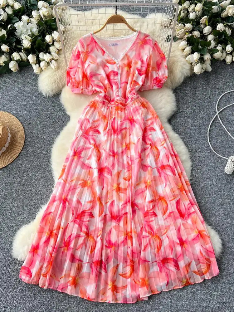 French Retro Romantic Women's Elegant Print V-neck Short Sleeved Pleated Long Dress Summer Vacation Party Evening Dress Bohemian