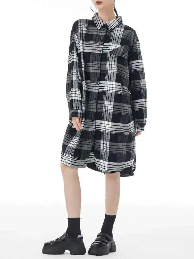 Women Plaid Big Size Knee-Length Shirt Dress New Lapel Long Sleeve A-line Loose Fit Fashion Spring Autumn 2025 1DH2091