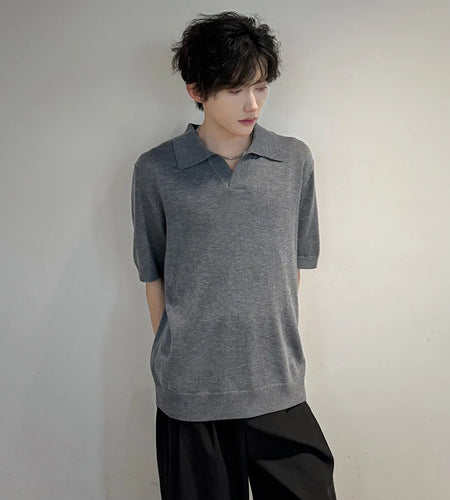 Men's T-shirts Shorts Sleeve New Summer Knitted  Fashionable Solid Color Personality Turn-down Collar Pullover Top 9W1751