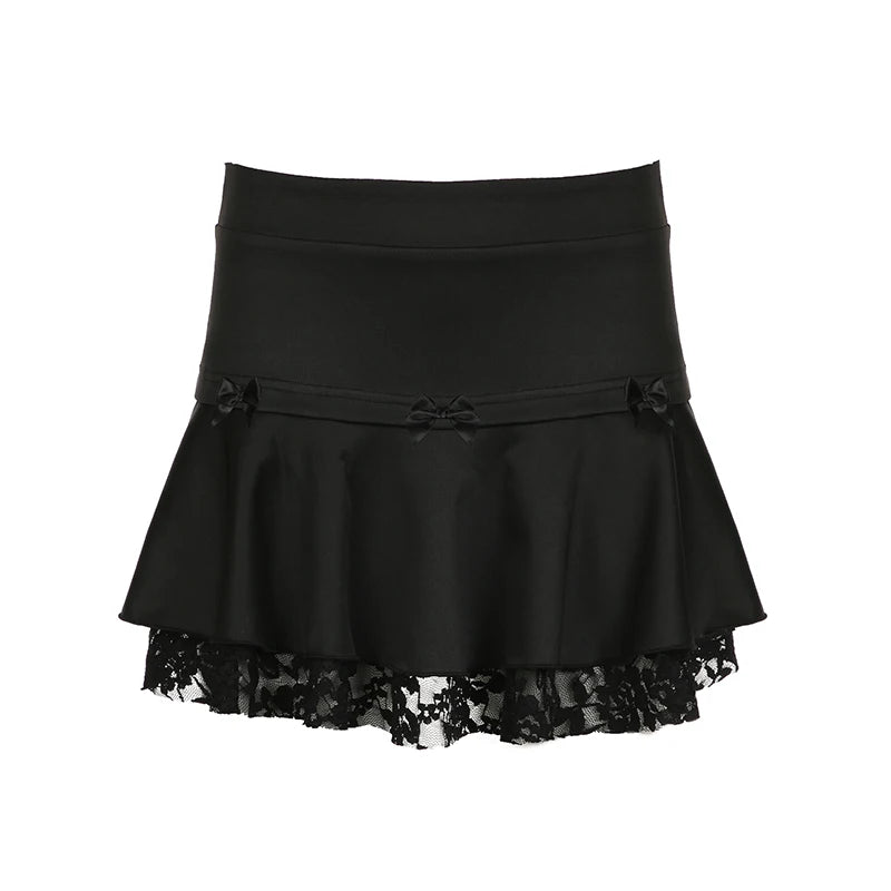 Fashion Chic Black Lace Spliced Summer Skirt for Women Streetwear Gothic Dark A-Line Mini Skirts Bow Stitch Outfits