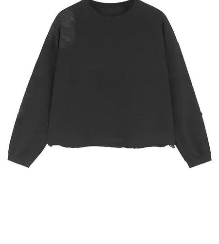 Black Lace Hollow Out Casual Sweatshirt New Round Neck Long Sleeve Women Big Size Fashion Tide Spring Autumn 2025 1DH7096