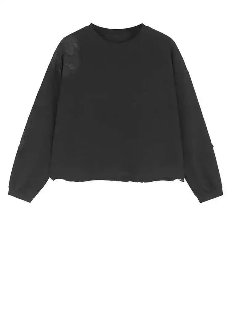 Black Lace Hollow Out Casual Sweatshirt New Round Neck Long Sleeve Women Big Size Fashion Tide Spring Autumn 2025 1DH7096