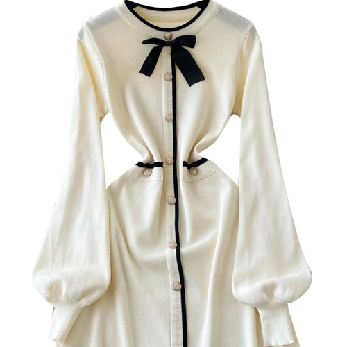 Load image into Gallery viewer, French Fashion Beige Patchwork Elegant Long Sleeves Round Neck Bow Mini Dress Women Autumn New Office Lady Short Knitted Dresses
