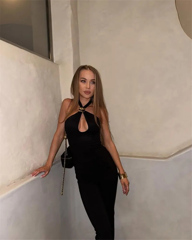 Halter Hollow Out Sexy Crop Tops Pullovers Women Vest Summer New Ring Metal Off-shoulder Tank Tops Female Skinny Top