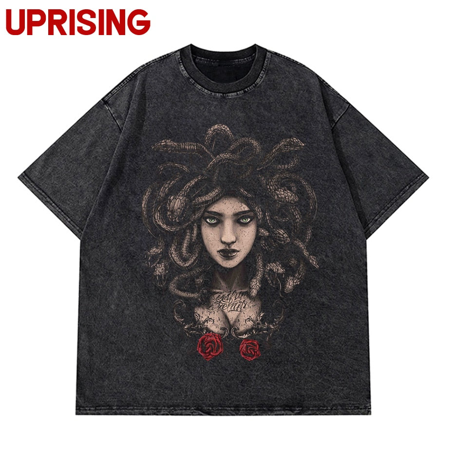 Vintage Washed Tshirts Anime T Shirt Harajuku Oversize Tee Cotton fashion Streetwear unisex top Medusa