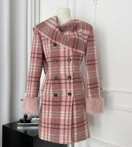Vintage Winter Pink Plaid Elegant Big Scarf Collar Double Breasted Woolen Coat Women Korean Fashion Elegant Slim Long Jacket New