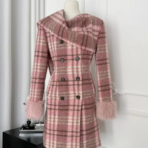 Load image into Gallery viewer, Vintage Winter Pink Plaid Elegant Big Scarf Collar Double Breasted Woolen Coat Women Korean Fashion Elegant Slim Long Jacket New
