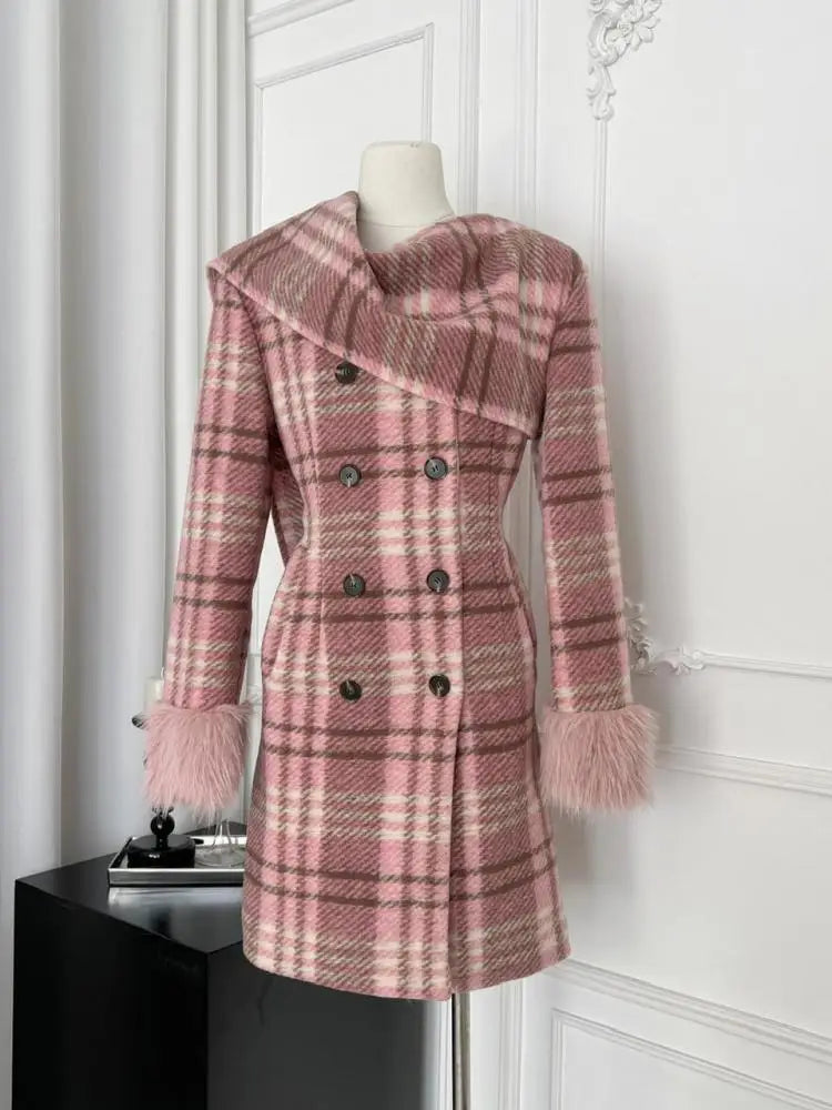 Vintage Winter Pink Plaid Elegant Big Scarf Collar Double Breasted Woolen Coat Women Korean Fashion Elegant Slim Long Jacket New