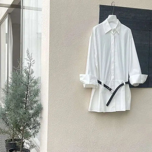 Load image into Gallery viewer, Women White Hem Pleated Elegant Big Size Mini Shirt Dress New Lapel Long Sleeve Fashion Tide Spring Autumn 2025 1DH9552
