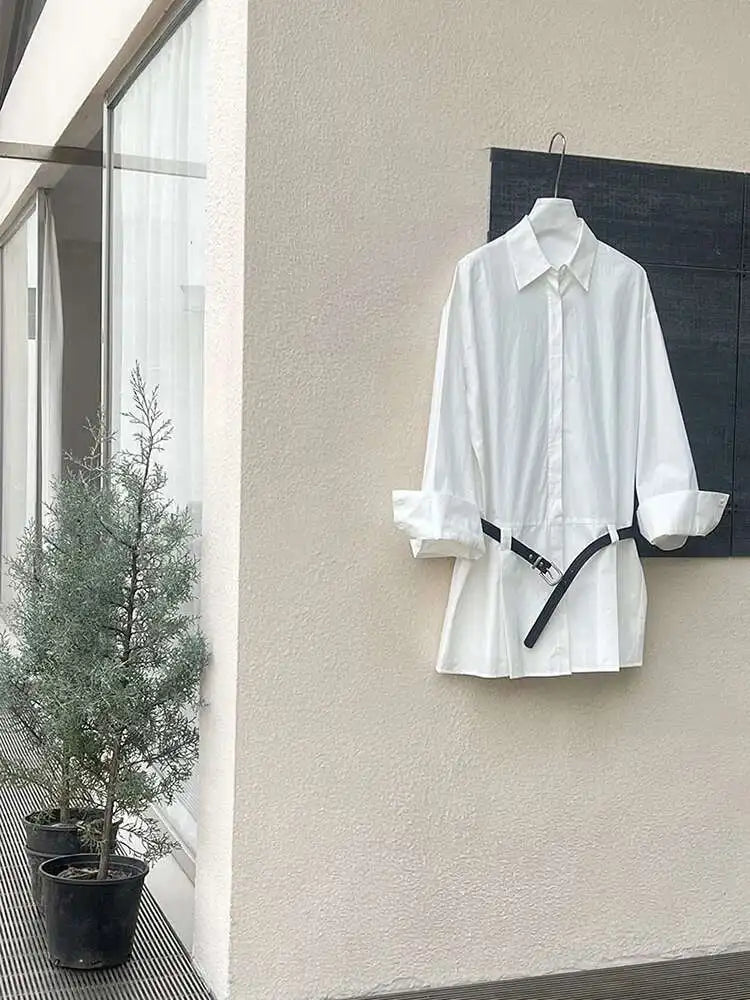 Women White Hem Pleated Elegant Big Size Mini Shirt Dress New Lapel Long Sleeve Fashion Tide Spring Autumn 2025 1DH9552