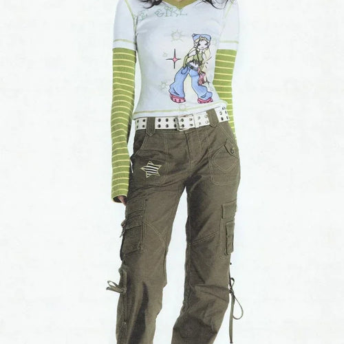 Load image into Gallery viewer, 2025 E-girl Fake Two Piece Striped Patchwork Long Sleeve Tshirts Women Harajuku Cartoon Graphic Tee Y2k Tops Aesthetic T-shirt
