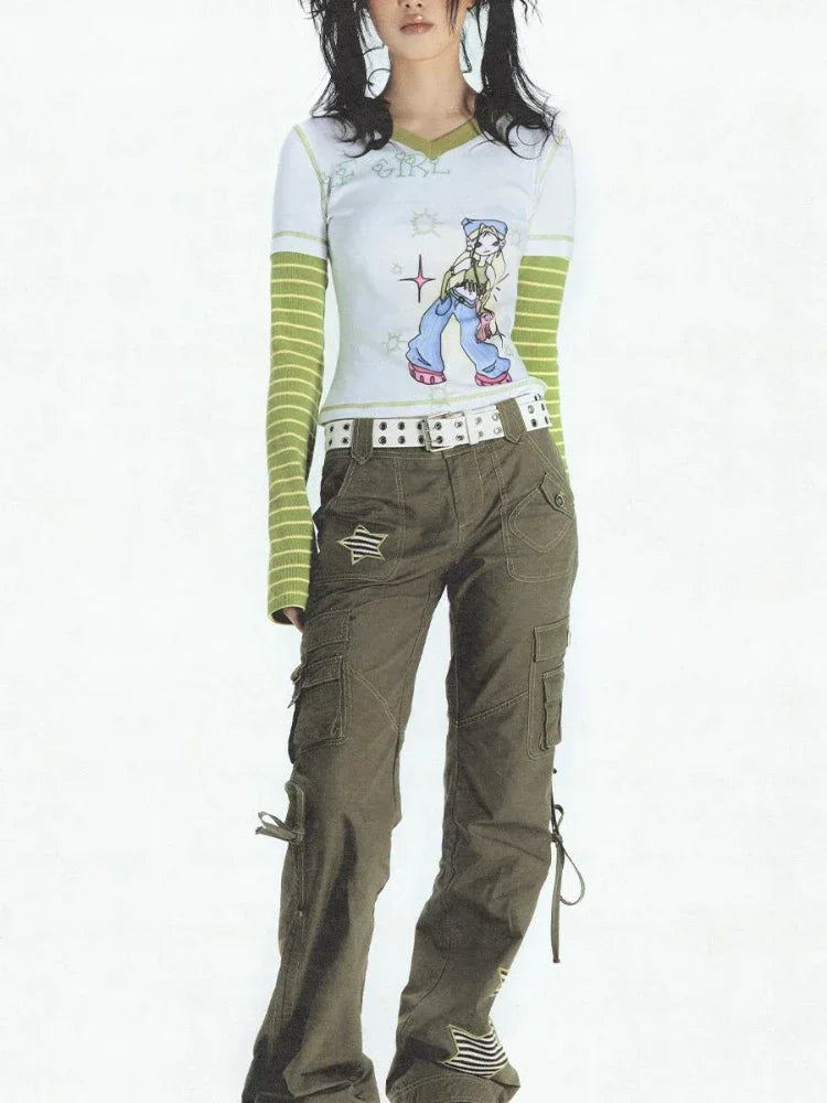 2025 E-girl Fake Two Piece Striped Patchwork Long Sleeve Tshirts Women Harajuku Cartoon Graphic Tee Y2k Tops Aesthetic T-shirt