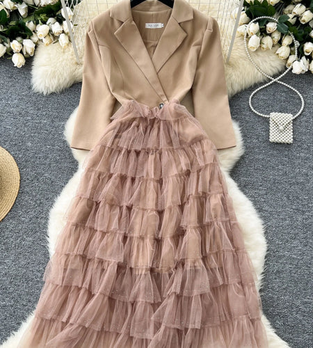 Autumn 2024 New Black Mesh Patchwork Sequin Elegant Long Sleeve Slim Dress Korean Women Khaki Temperament High Waist Cake Dress