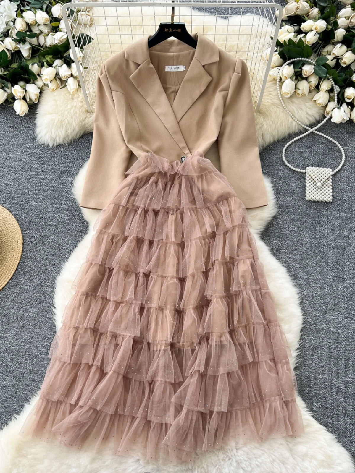 Autumn 2024 New Black Mesh Patchwork Sequin Elegant Long Sleeve Slim Dress Korean Women Khaki Temperament High Waist Cake Dress